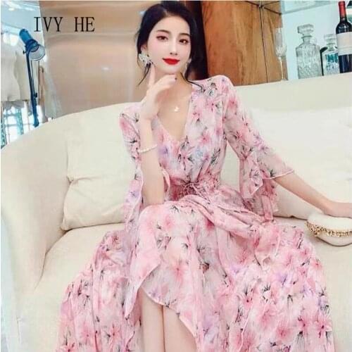 IVY HE High Quality Summer Dress Woman Clothing Fashion Casual Floral Print Chiffon Flower Long Dress Traf Robe ZA Party Dresses
