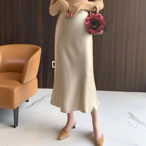 Bella Philosophy Self Design Summer glossy satin trumpet high waist skirt Silver gold long skirt Metallic Color party skirt