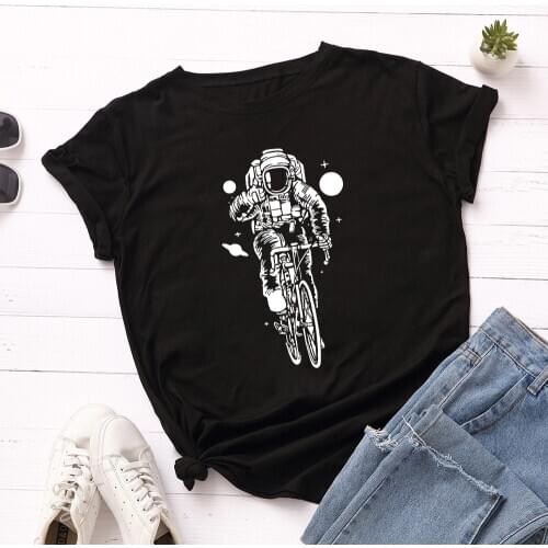 Funny Astronaut Bicycle T-shirt 2020 Summer White Graphic Print Basic Tee Shirts Harajuku Woman Tops Short Sleeve Tshirt Famale