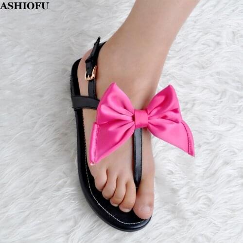 ASHIOFU Handmade Womens Flat Sandals T-strap Beach School Summer Shoes Butterfly-knot Sexy Large Size Fashion Sandals Shoes