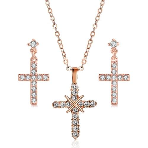 Vintage Cross Sets For Women Crystal AAA+CZ Rose Gold Color Necklace Earring Birthday Gift Fashion Jewelry S521