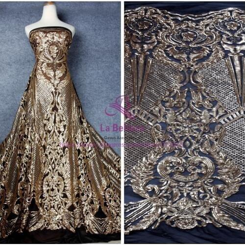 La Belleza 1Yard gold sequins on stretch net embroidered evening/wedding dress lace fabric 51'' with