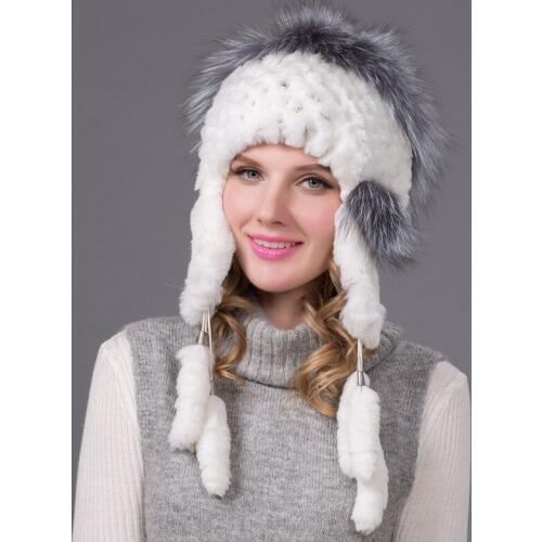 Winter Knitted Fur Beanies For Women Hats fox+rabbit Fur Hats Girls Bobble Caps Femme