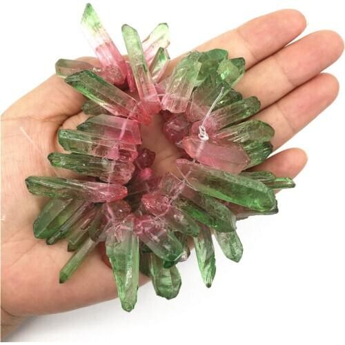 1 Stripe Green and Pink Titanium Aura Lemurian Quartz Crystal Point Healing Stone Decor Natural Quartz Crystals