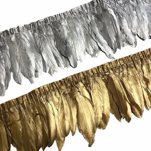 2Meters Gold Silver Dipped Goose Feathers for Decoration on Tape Trims Fringe Ribbon Goose Feather Trim DIY Crafts Dress Skirt