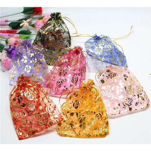 20x30cm Rose Organza Bags Gold Thread Drawstring Christmas Gift Bag 13.8" 9.8" Red Pink Purple Burgundy Green Royal Blue Orange