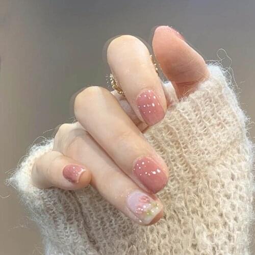 24pcs fake nails with glue sticker Tulip Printed Nail Patch Nude Color Glue Type Removable Short Paragraph Fashion Manicure