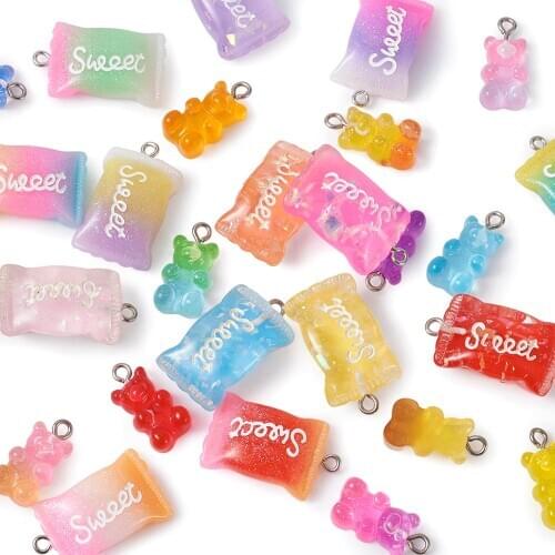 64pc Bear Charms Cute Candy Sugar with Word Sweet Resin Glitter Gummy Pendant for Keychain Earring Pendant DIY Making MultiColor