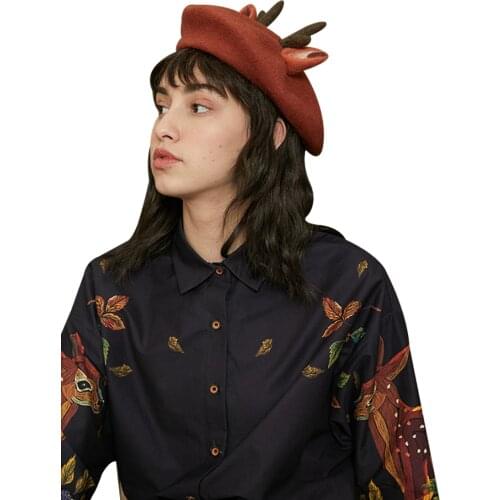 【Biutefou】Original Design 2021 Autumn Women Art Original Design Hand-Painted Fawn Long Sleeve Cotton Shirt