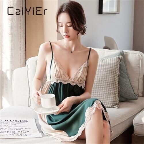 CAIYIER 2020 Senior Green Women Sling Backless Silk Night Dress Sexy Lace V-Neck Nightgown Fashion Lingerie For Women Sleepwear
