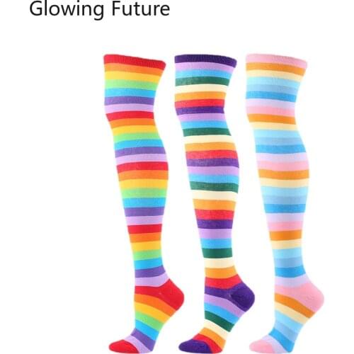 Rainbow Over The Knee Socks Woman Colorful Striped Soft Stockings Halloween College Style Socks Breathable Cute Thigh High Socks