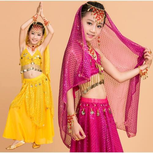 Belly Dance Child 5piece(Top+Dress+necklace+Hand Chain+Veil) Indian Clothes India Rose/Red/Yellow Girls Belly Dance Costume