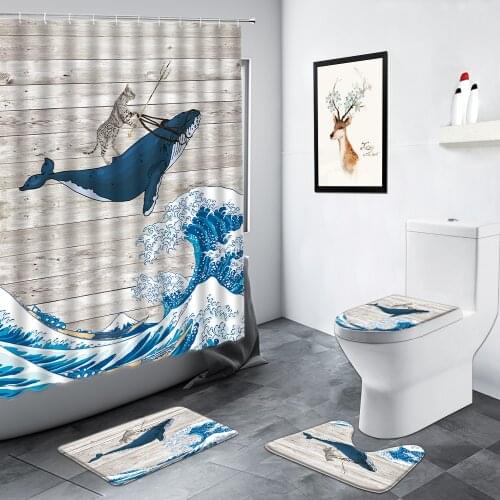 Children Bathroom Decor Cat Whale Sea Wave Creative Wood Grain Print Kids Shower Curtains Dolphin Non-slip Mat Rug Bath Mats Set