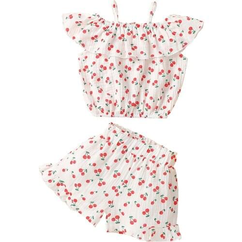 2 Pieces Kids Suit Set Summer Cherry Print Off Shoulder Sleeveless Ruffled Tops+ Shorts for Girls, White/Blue/Pink 1-5 Years
