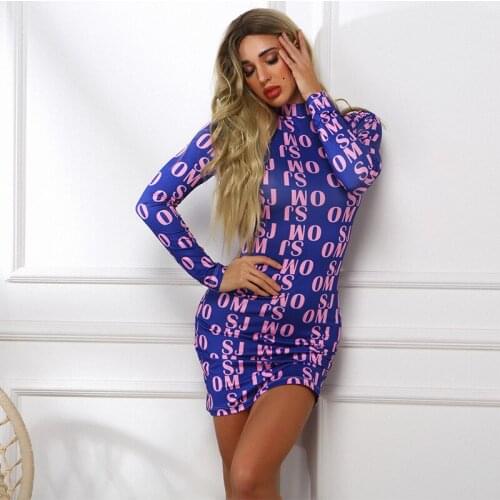 OMSJ Letter Print Elegant Party Dress Long Sleeve Sexy Slim Bodycon Mini Dresses Purple Turtleneck Autumn High Street Fashion