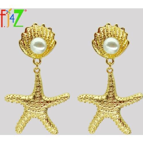 F.J4Z New Hot Fashion Gold Color Alloy Seafish Pendant Earrings Simulated Pearl Shell Women Earring Beach Jewelry pendientes