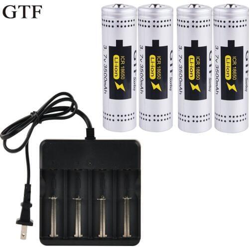 GTF 4pcs 3.7V 18650 Battery Real capacity 3500mAh Li-ion Rechargeable Pointed Battery For Flashlight Drop shipping + 1pc charger
