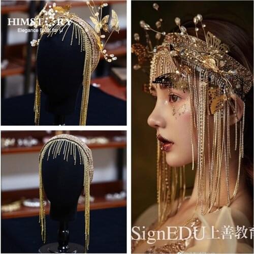 Himstory Gorgeous Vintage European Brides Headbands Long Tassel Gold Butterfly Hair Accessory Jewelry Hairwear