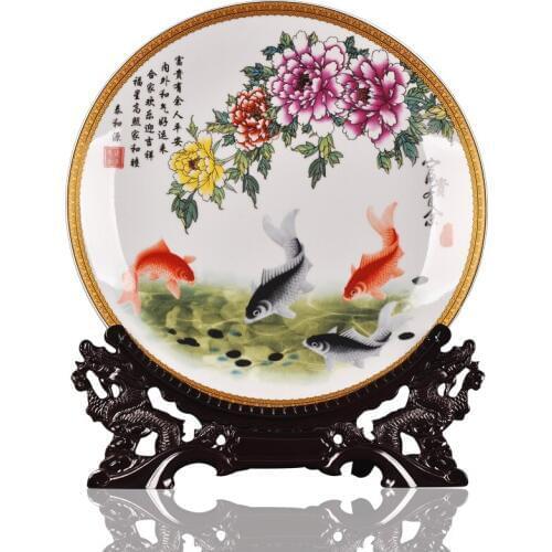 Jingdezhen Ceramic Swimming Fish Hang Dish Plate Blue and White Porcelain Decorative Plate Metope For Living Room Hotel