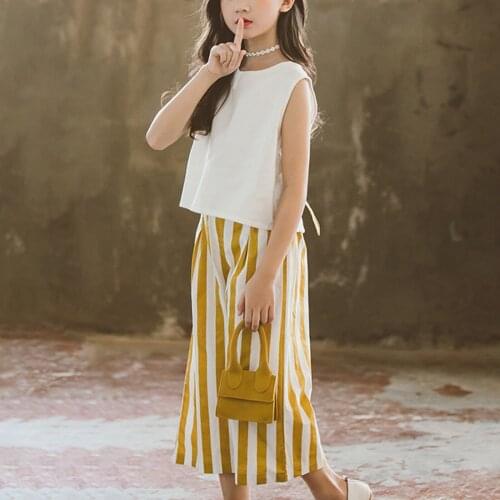 2021 Summer New Girls Casual Clothing Sets Children Sleeveless Vest Top + Striped Wide Leg Pants Outfits 2Pcs Kids Clothes 5-14Y