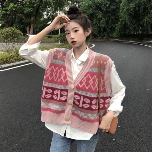 Preppy Style Sweet Girly V-Neck Cute Single-breasted Sleeveless Color Contrast Knitting Loose Pullover One-Piece Vest Sweater