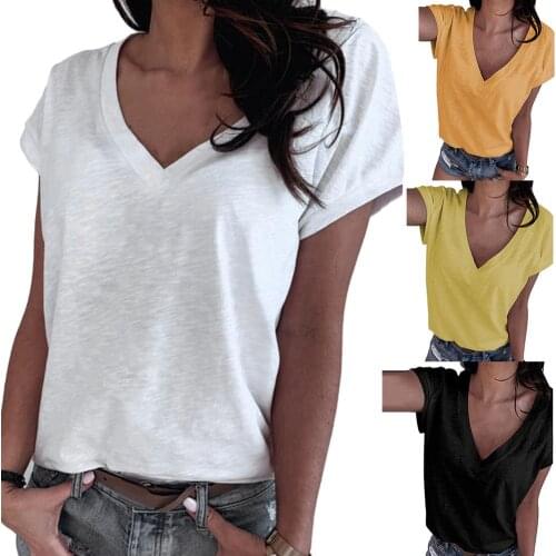 Fashion Summer Women Casual V Neck Solid Color Short Sleeves Clothes Blouse Top Female Ladies Womens Tee T-Shirt