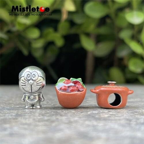 Mistletoe 925 Sterling Silver Enamel Cartoon Cat Rice cooker Charm Bead Jewelry