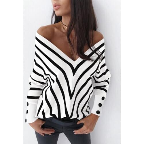 Fall / Winter New Off Shoulder Stripe V-neck Versatile T-shirt Loose Long Sleeve Sweatshirt Bottom Top Em
