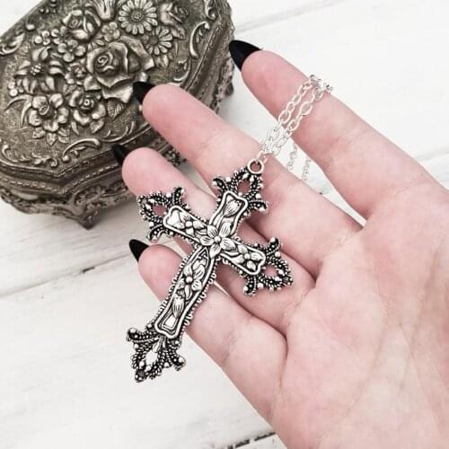 Gothic Large Detailed Floral Cross Pendant Necklace Silver Colour Tone Punk Jewellery Fashion Charm Statement Men Women Gift New