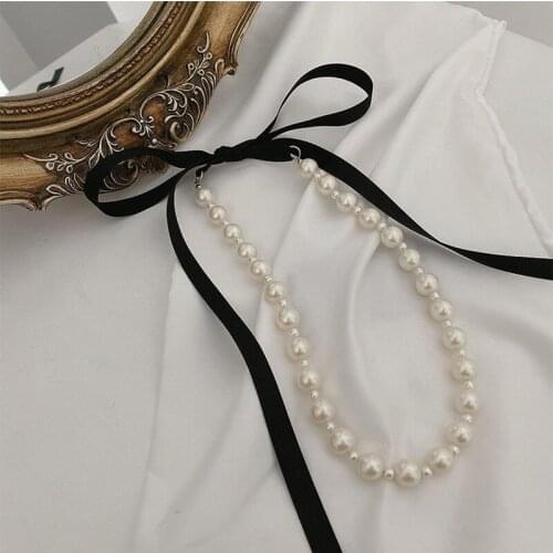 Origin Summer French Imitation Pearl Black Ribbon Bow-knot Lacing Chokers Necklace for Women Temperament Beaded Necklace Jewelry