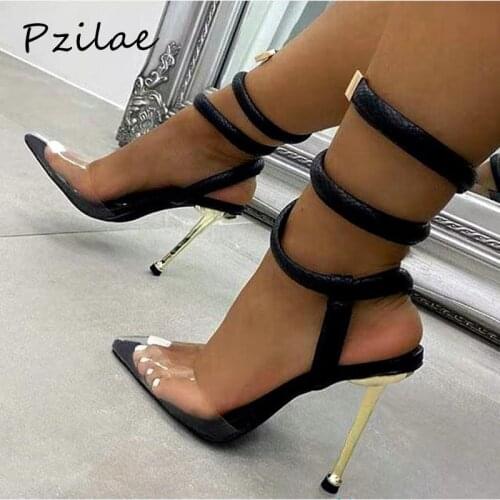 Pzilae New Summer Woman Shoes Sandals PVC Pointed Toe Fashion Twining Ankle Metal High Heel Party Pumps Size 35- 41 Black White