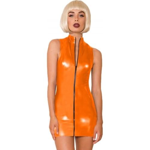 Plus Size Sleeveless Zipper Front Dress Women Sexy Shiny Metallic Mini Vestido Nightclub Bodycon Dress Faux Leather Clubwear