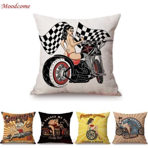 Sexy Motorcycle Car Race Girl Garage Repair Store Poster Art Home Decor Throw Pillow Case Linen Vintage Sofa Cushion Cover Case