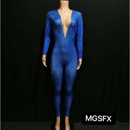 Sexy Blue full diamond leotord dance costumes nightclub dress dance Cosplay DJ bar jumpsuits