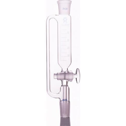 Separatory funnel constant pressure cylindrical shape,standard ground mouth.Capacity 50ml,Joint 24/29+24/29,Glass switch valve