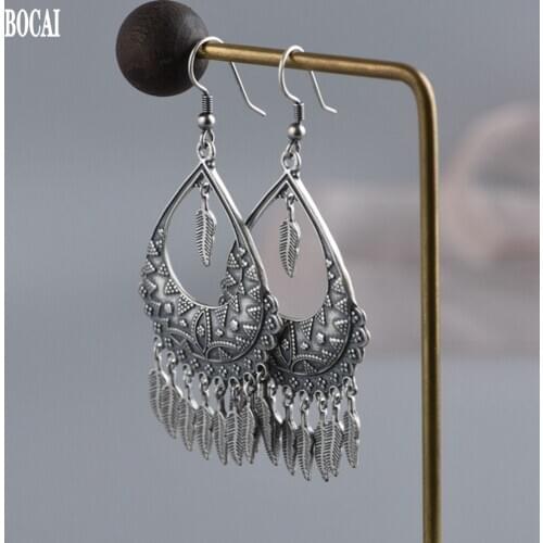 BOCAI New Real S925 Pure silver retro Chinese style woman earrings fashionable feather tassel earrings for Woman