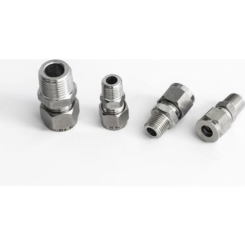 1/8" 1/4" 3/8" 1/2" BSPT Male 3/4/6/8/10/12/14/16/18mm OD Double Ferrule Compression Tube Union Connector 304 Stainless Steel
