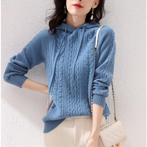 Womens new hooded sweater 100% pure wool hooded sweater loose large size thick pullover fashion soft sweater women