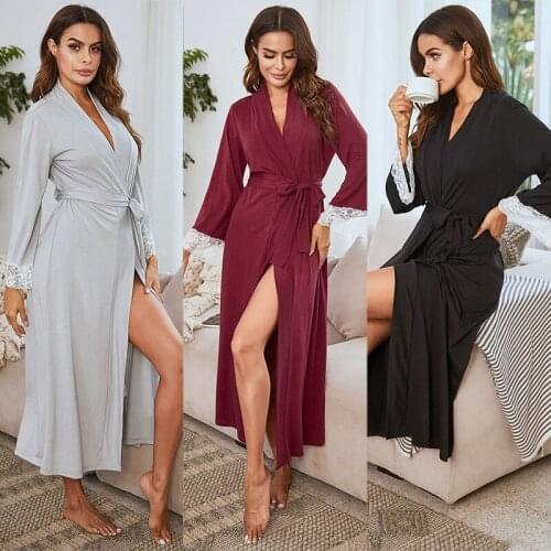 Spring Summer Knitted Nightgown Womens Lace Decorated Long Pajamas Suit Lace-up Home Dressing Gown Comfortable Home Service
