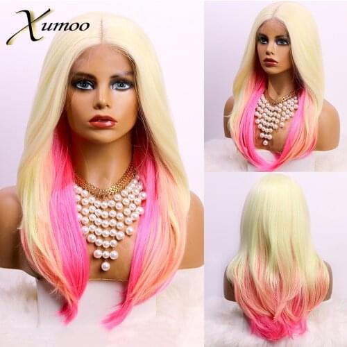 XUMOO Blonde Synthetic Lace Wig Glueless T Part Ombre Pink Wig High Temperature Fiber Straight Cosplay Wigs For Black Women
