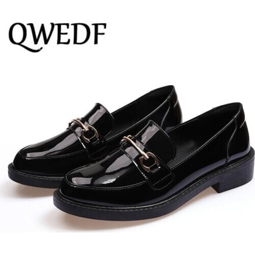 QWEDF 2019 Autumn New Fashion British Style Shoes For Women Genuine Leather Square Heel Casual Shoes Slipe On Shoes X14-12
