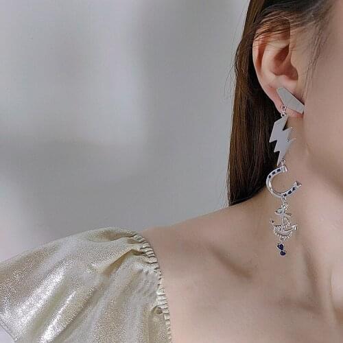 TIMEONLY Personality Asymmetric Lightning Pendant Earrings for Women Shiny Rhinestone Twisted Dragon Heart Drop Earrings Gifts