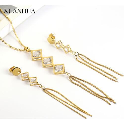 XUANHUA Stainless Steel Jewelry Woman Vogue 2019 Tassel Necklace Earrings Set Jewelry Accessories Gifts For Women Bohemian