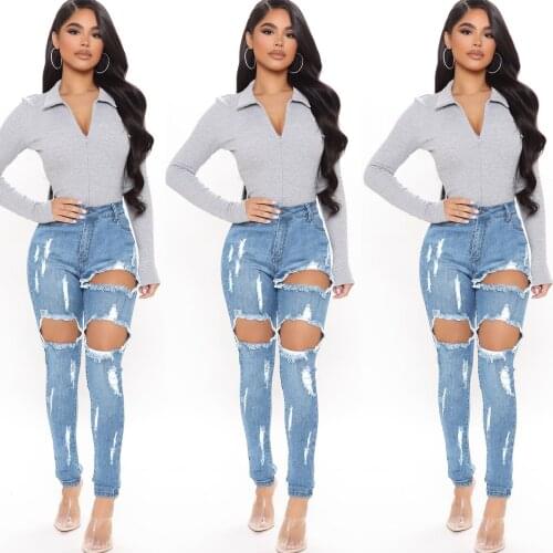 FNOCE 2020 new womens ripped jeans pants fashion sexy trens high waist slim tight stretch hole elegant full denim pencil pants