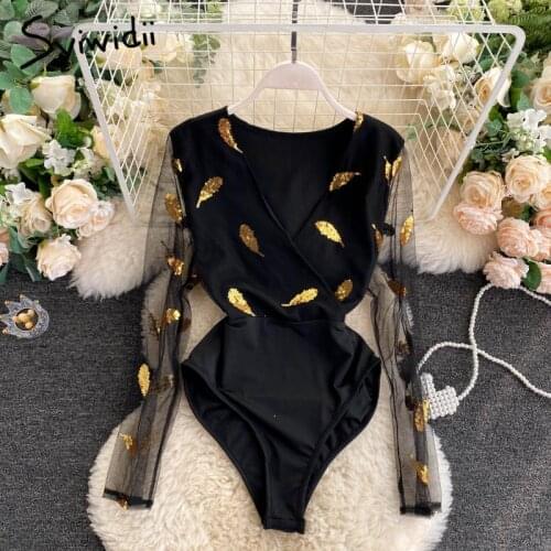 Syiwidii Jumpsuit Women Sexy V Neck Bodysuit 2021 Summer Fall Fashion High Waist Mesh Long Sleeve Romper Black Skinny Clothing