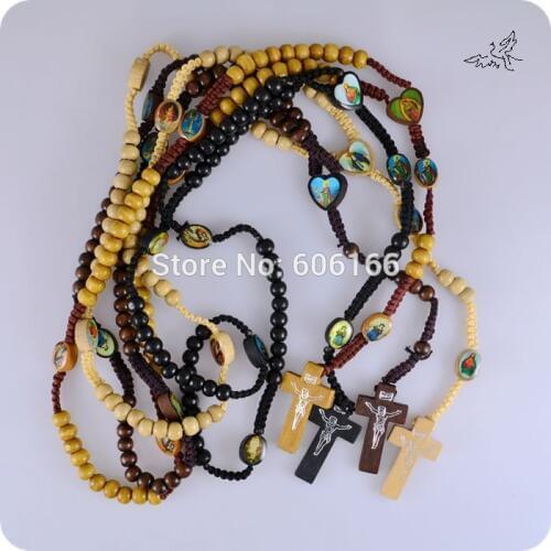 12pc/lot Holy Icon Wooden Rosary Beads Necklace Jesus Cross Pendant Necklaces Mix Color Wood Religious Cross Fashion Jewelry