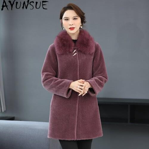 AYUNSUE 100% Fox Fur Collar Coat Female Winter 2021 Sheep Shearling Coats Women Real Wool Jackets Elegant Manteau Femme Gxy192