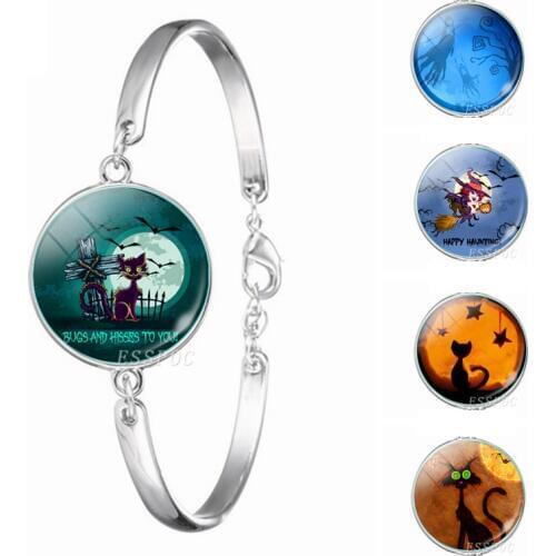 Bugs and Hisses To You Nightmare Before Christmas Halloween Witch Cat Bangle Glass Cabochon Jewelry Bracelet Happy Haunting Gift