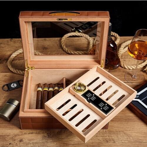 Classic Leather Cedar Cigar Box Smoking Mini Convenient Men Gadget Humidor With Hygrometer accessories Valentines Day Gift
