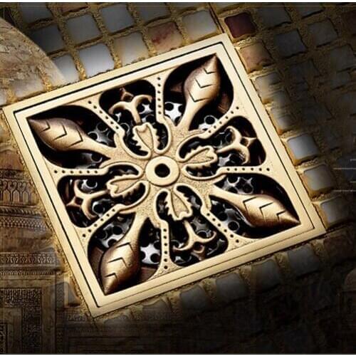L15892 - Luxury Gold Color 10*10CM Artistic Brass Floor Square Drain